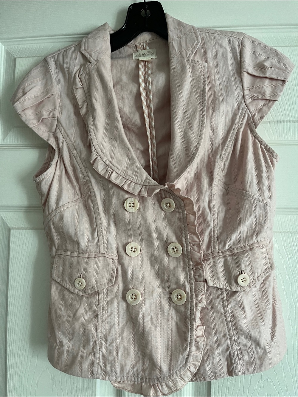 Anthropologie Light Pink Double-Breasted Ruffle Vest Jacket